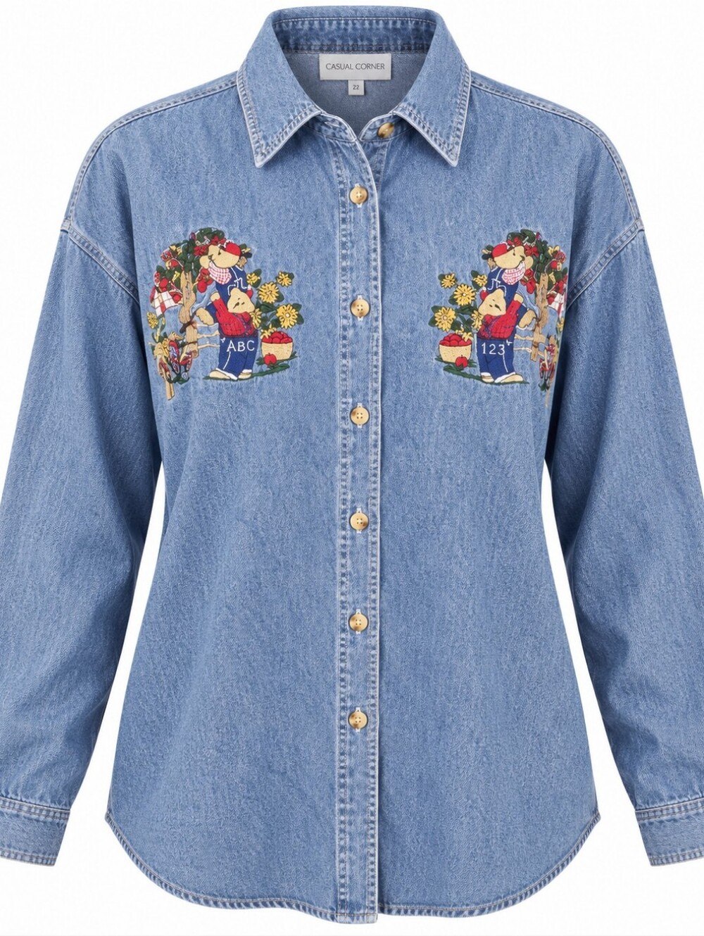 CASUAL CORNER | Vintage 90s Teddy Bear Apple Embroidered Denim‎ Shirt | 22